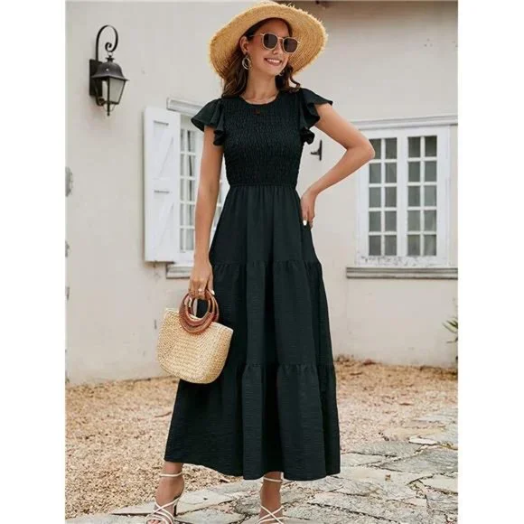 Women's Summer Casual Flutter Short Sleeve Crew Neck Smocked Elastic Maxi Dress - Picture 2 of 3